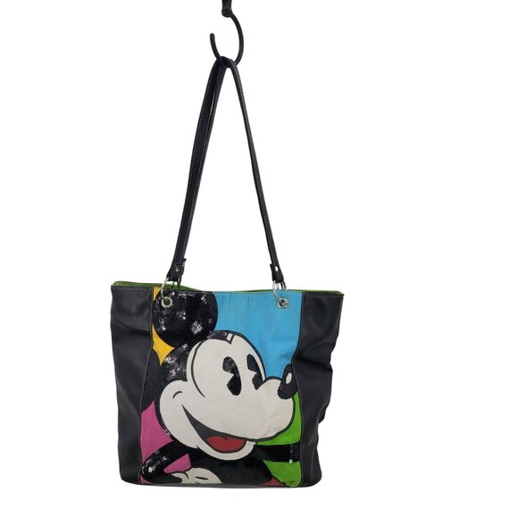 Disney World Park Resort Vegan Sequined Mickey Mouse Tote Bag Black Shoulder - Picture 2 of 11